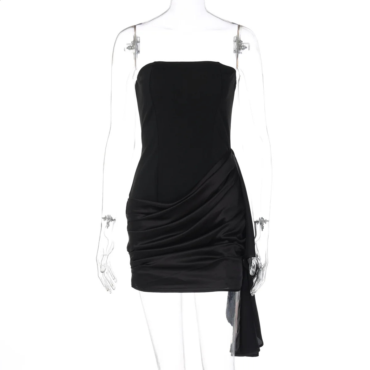 Satin Strapless Backless Mini Off Shoulder Sleeveless Bodycon Ruched Party Dress for Women - Autumn Winter Clubwear C260312