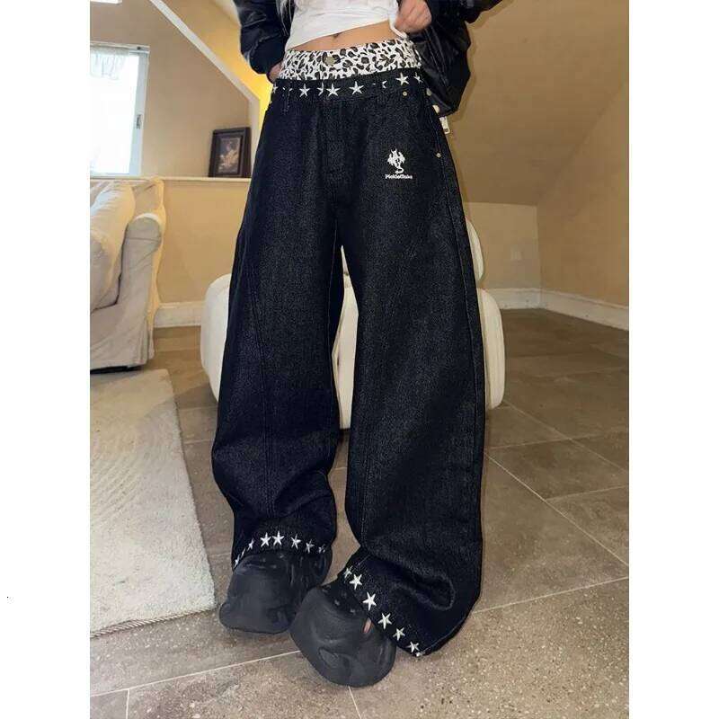 Harajuku American oversized leopard print waist splicing high waisted jeans women y2k hot girls niche star wide-leg pants 22ss X251224