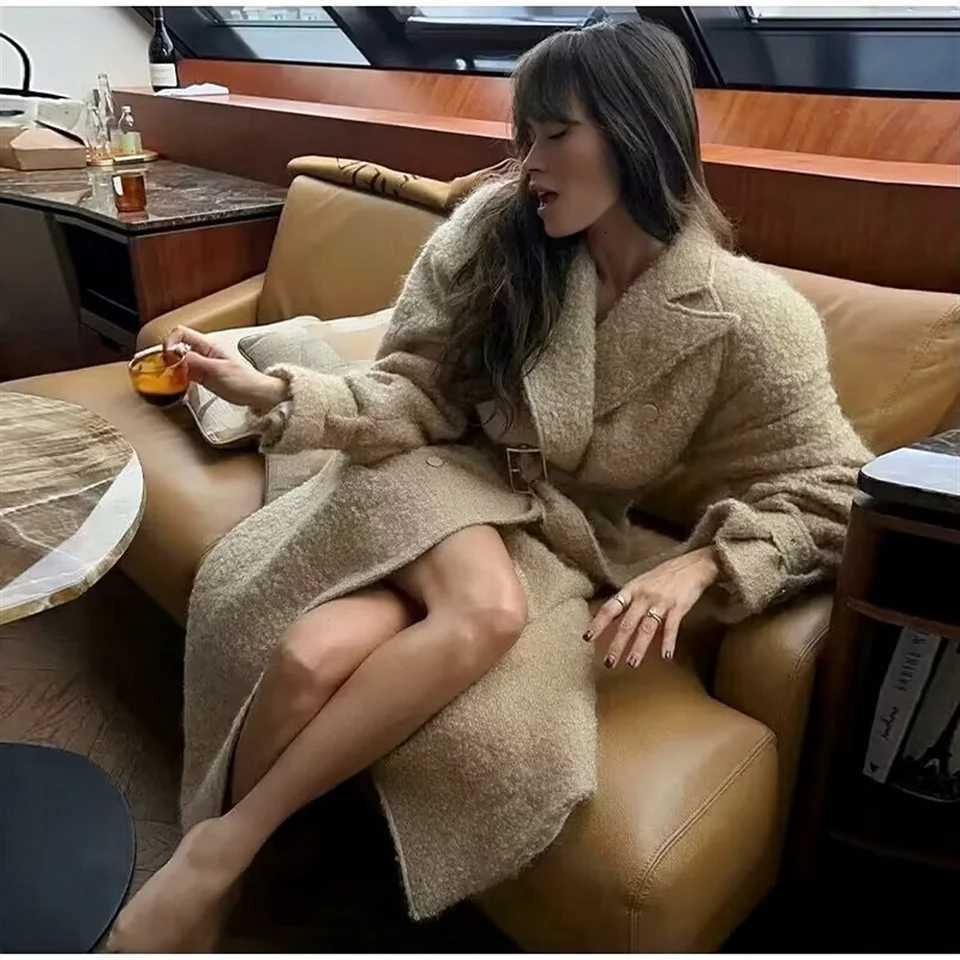 2024 Autumn New Womens Fashion Style Belt with Woolen Hoop Coat Loose Double breasted Casual CoatT251224