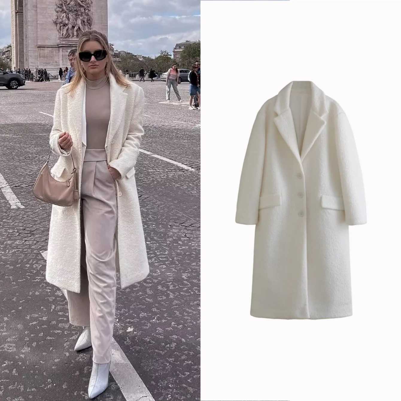 2025 Autumn Winter Women Solid White Woolen Long Cashmere Coat Fashion Blends Long Sleeve Single-Breasted Elegant OutwearT251224