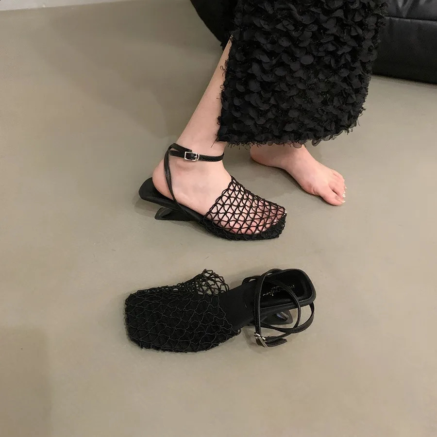 2025 Summer Fashion er Sandals Womens Lace Mesh Square Toe Shallow Narrow Strap Braided Slip-on High Heels Sandals251218