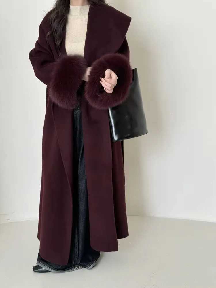 BJTZ Fox Hair Cuffs Double-sided Cashmere Coat Women 2024 Autumn/winter Mid-length Lace-up Loose Coat Fashion SimpleT251224
