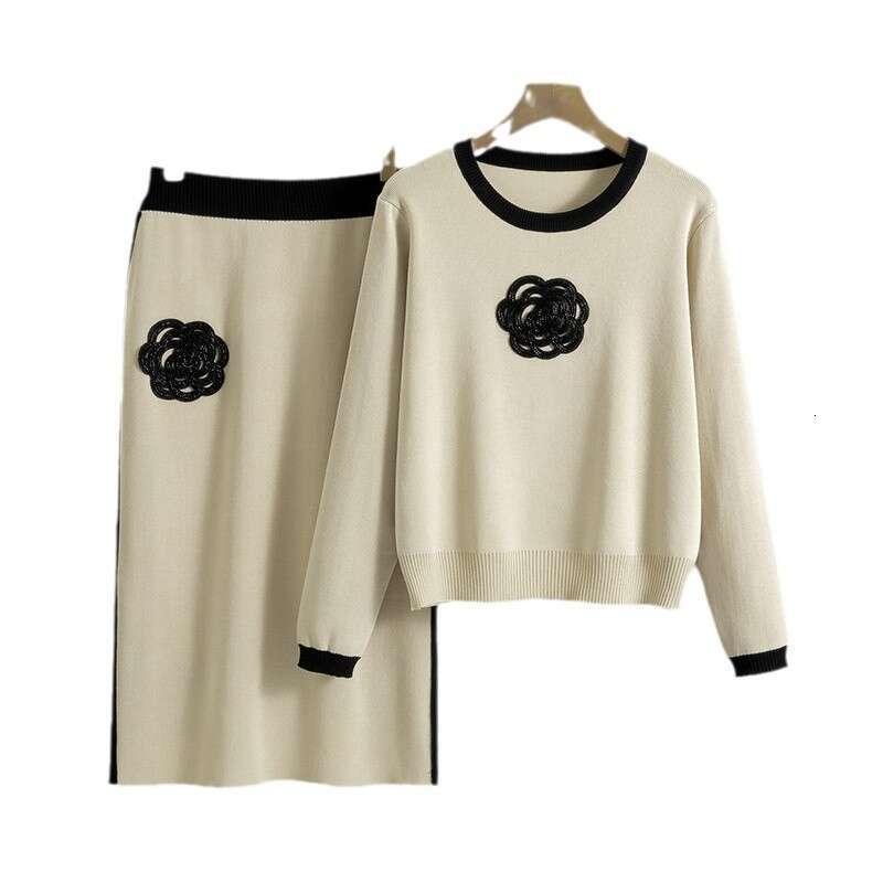 Women's Two-Piece Skirt and Top Set, Preppy Knit Sweater With Long-Sleeve Round-Neck Top and Knee-Length Low-Waist Skirt - Beige/Cream and Black, Flor - view 6