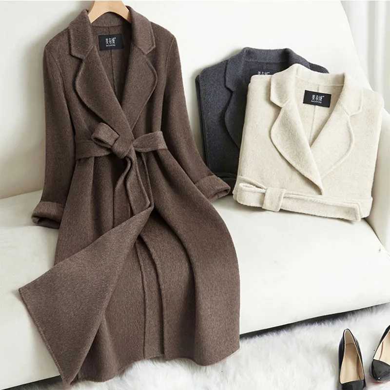 Grey Double-sided Cashmere Coat For women Slim For Autumn Winter New Winter High-end Temperament Thick Woolen Coats With beltT251224