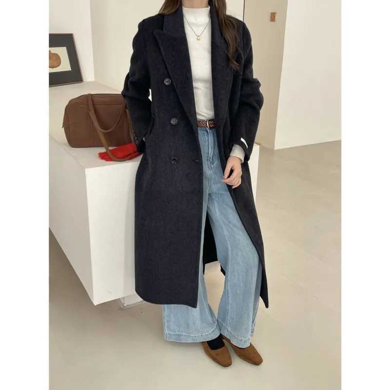EAEOVNI Winter Wool Warm Long Coat Women Fashion Solid Color Double Button Belt Office Lady Jacket 2025 New ClothingT251224