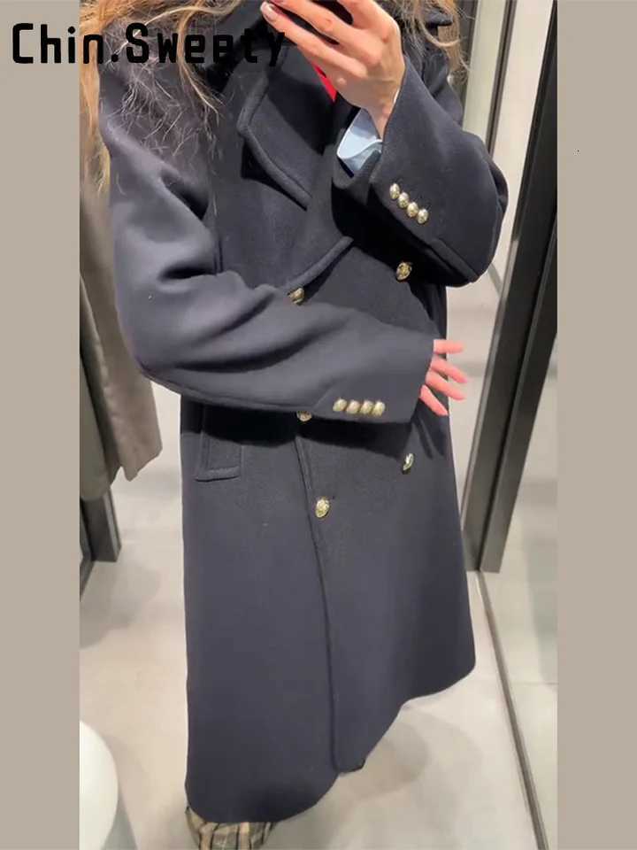Fashion Lapel Dark Blue Long Woolen Blend Coat Women Double Breast Long Sleeve Chic Overcoat 2026 Spring Lady Outwears NewT251224