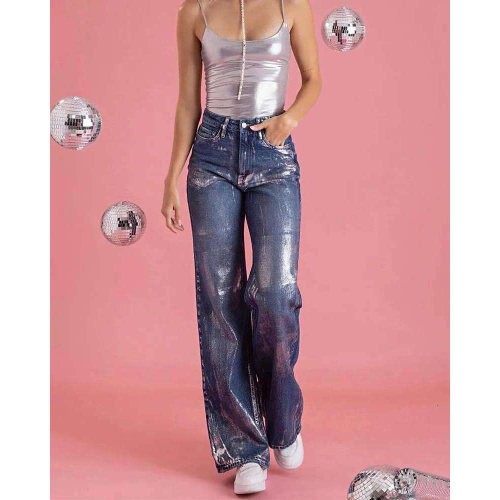Metallic Baggy Fashion Y2K Blue Jeans High Waist Loose Vintage Straight Wide Leg Cool Design Denim Pants for Women X251224