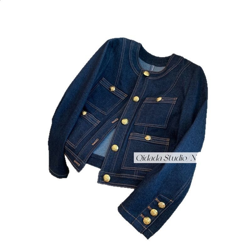 Blue Round Neck Little Chanel Style Denim Jacket 2025 Womens Spring and Autumn Highend Short Loose Elegant y240820
