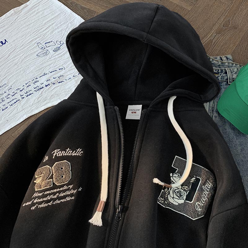 Apricot Letter Embroidered Fleece Hoodie for Men, Retro American Style, Trendy Couples' Outerwear for Spring & Autumn