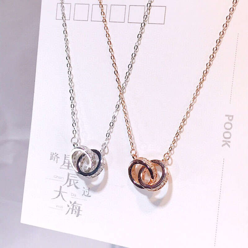 White Copper Electroplated Real Gold Inlaid Diamond Interlocking Necklace for Women Double Ring Pendant Internet Celebrity Niche Design Sense Choker