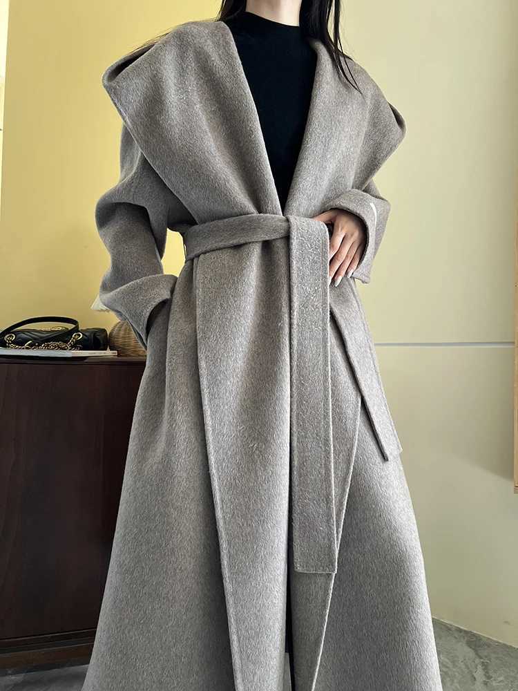 Office Lady Cashmere Woolen Blended Hooded Jackes 2025 Autumn And Winter Loose Bathrobe Lace-Up Tie Womens Long Wool CoatsT251224