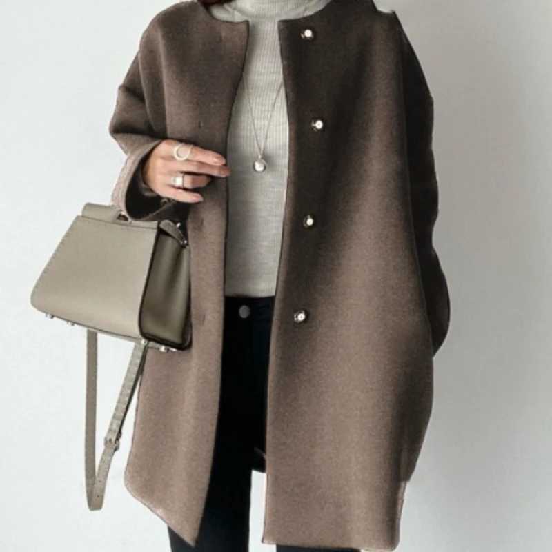 Womens High-Quality Straight Woolen Coat Autumn Winter Temperament Solid Color Simple Top Coat Jacket for 2025T251224