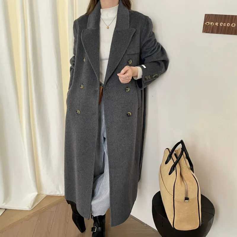EAEOVNI Winter Wool Warm Long Coat Women Fashion Solid Color Double Button Belt Office Lady Jacket 2025 New ClothingT251224
