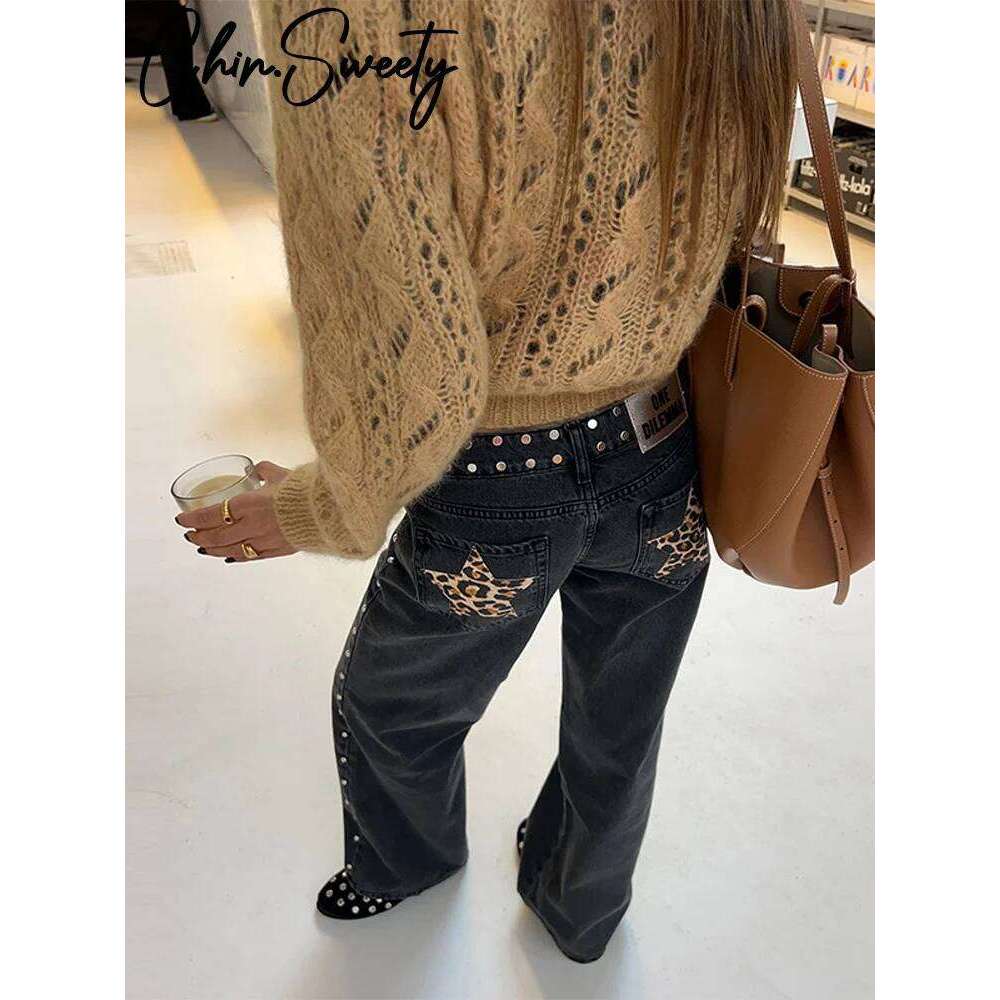 Fashion Leopard Star Print Jeans Women High Waist Zipper Straight Wide Leg Pants 2026 Spring New Lady Casual Streetwear X251224