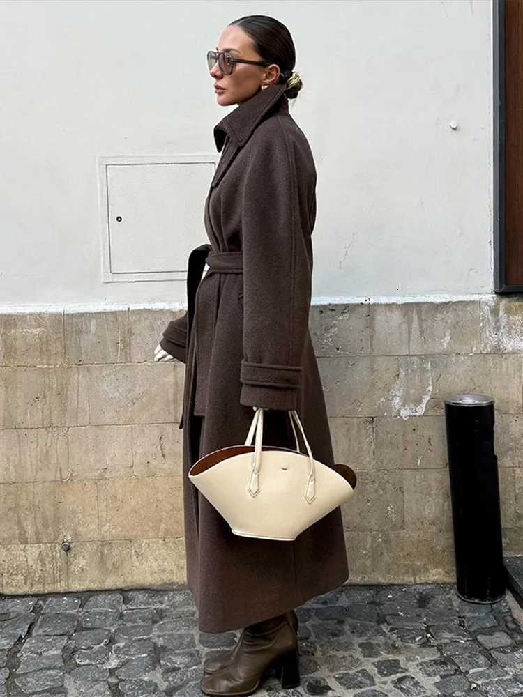 Elegant Lace Up Woolen Coats Women Solid Full Sleeve Single Breasted Turn-down Collar Long Coat Female 2026 Spring Lady OutwearT251224