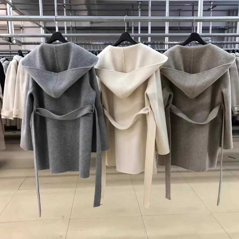 Hooded Medium-length Double Sided 100Wool Coat Women Korean Fashion Loose Winter Jacket 2025T251224