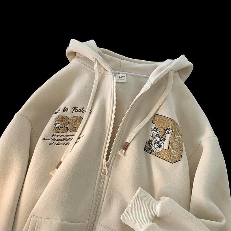 Apricot Letter Embroidered Fleece Hoodie for Men, Retro American Style, Trendy Couples' Outerwear for Spring & Autumn