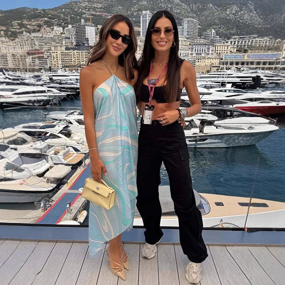 Casual Dresses Printed Ripple Backless Halter Long Dress Woman Loose Irregular Hem Sleeveless Robes Fashion Vacation Women's No brand logo