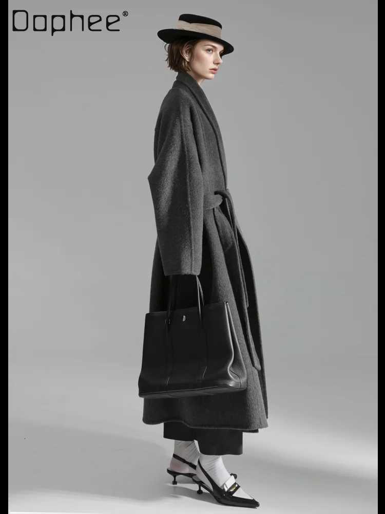 Commuter Style Temperament High-end Double-sided Woolen Jacket Korean Ins Fashion Lapel Long-sleeved Belt Slim Long Wool CoatT251224