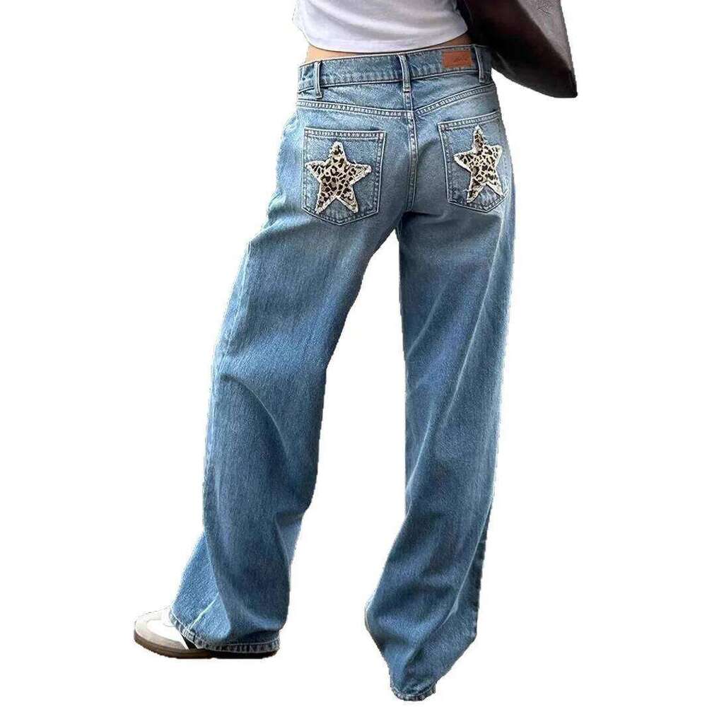 American Retro Street Leopard Stars Patch Patchwork Loose Casual Women Jeans Denim Straight Pants X251224