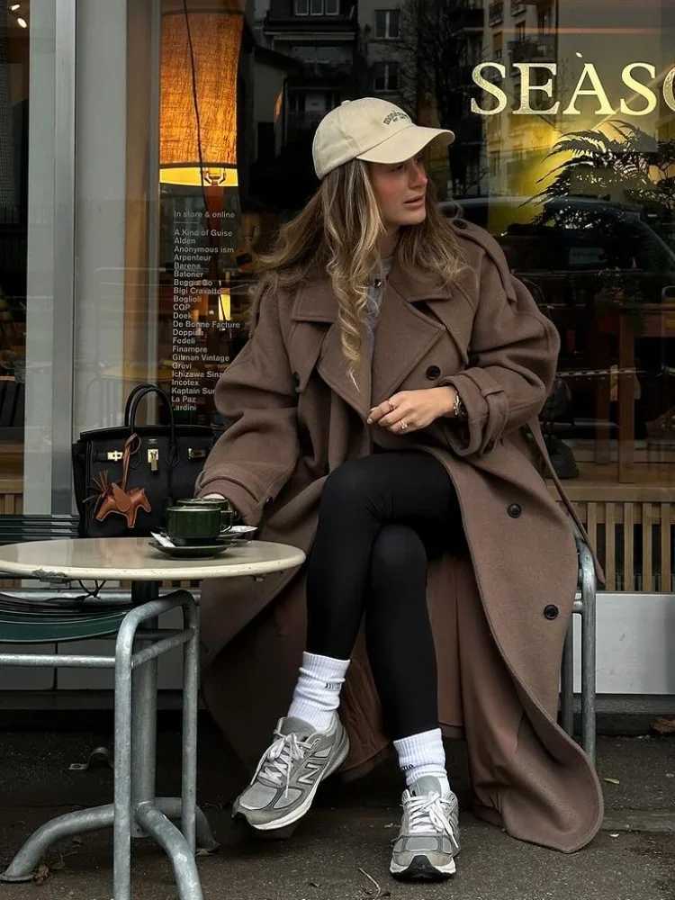 Fashion Woolen Women Coat With Belts Elegant Solid Double Breasted Turn-down Collar Lady Long Jacket 2024 Autumn Vintage OutwearT251224