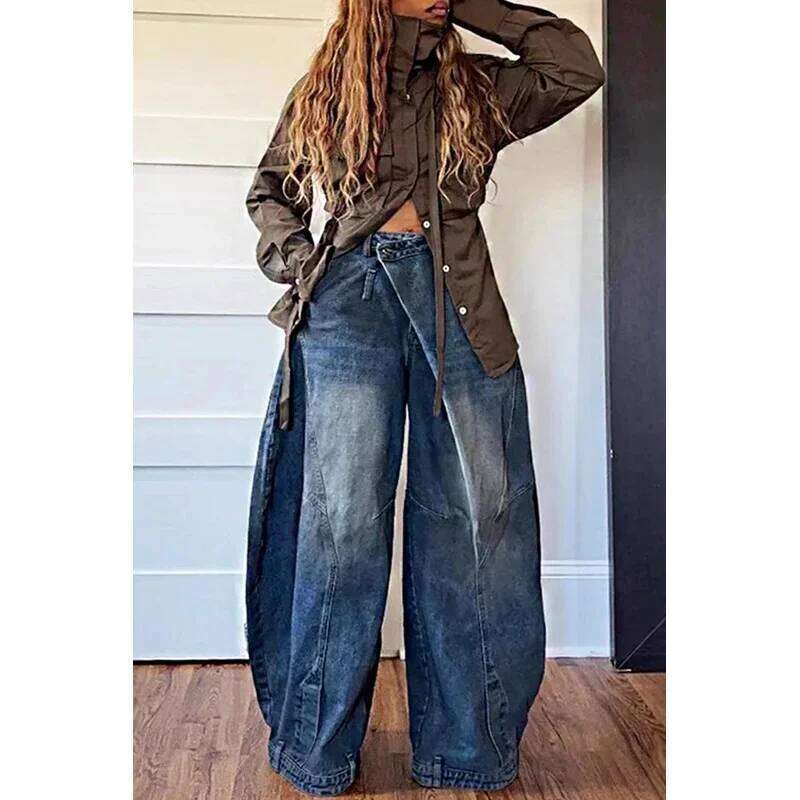 Y2K Women Loose Jeans Asymmetric Button Pocket Washed Jean Casual Harajuku High Street Grunge Denim Trouders Pants X251224