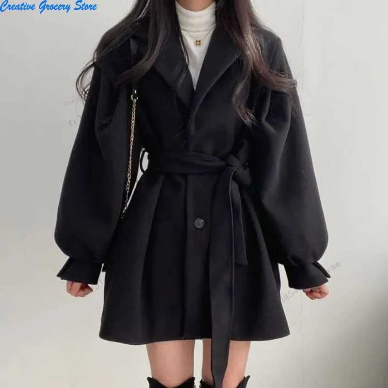 Korean Version Autumn and Winter Loose Style Coat Womens Woolen Suit Collar Medium and Long Small Woolen Coat WomenT251224