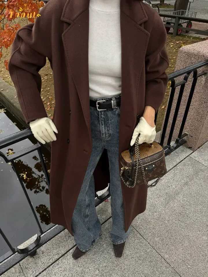 Casual Solid Lapel Woolen Blend Overcoat Women Single Breasted Full Sleeve V-neck Loose Warm Coat 2025 Winter Street OuterwearT251224