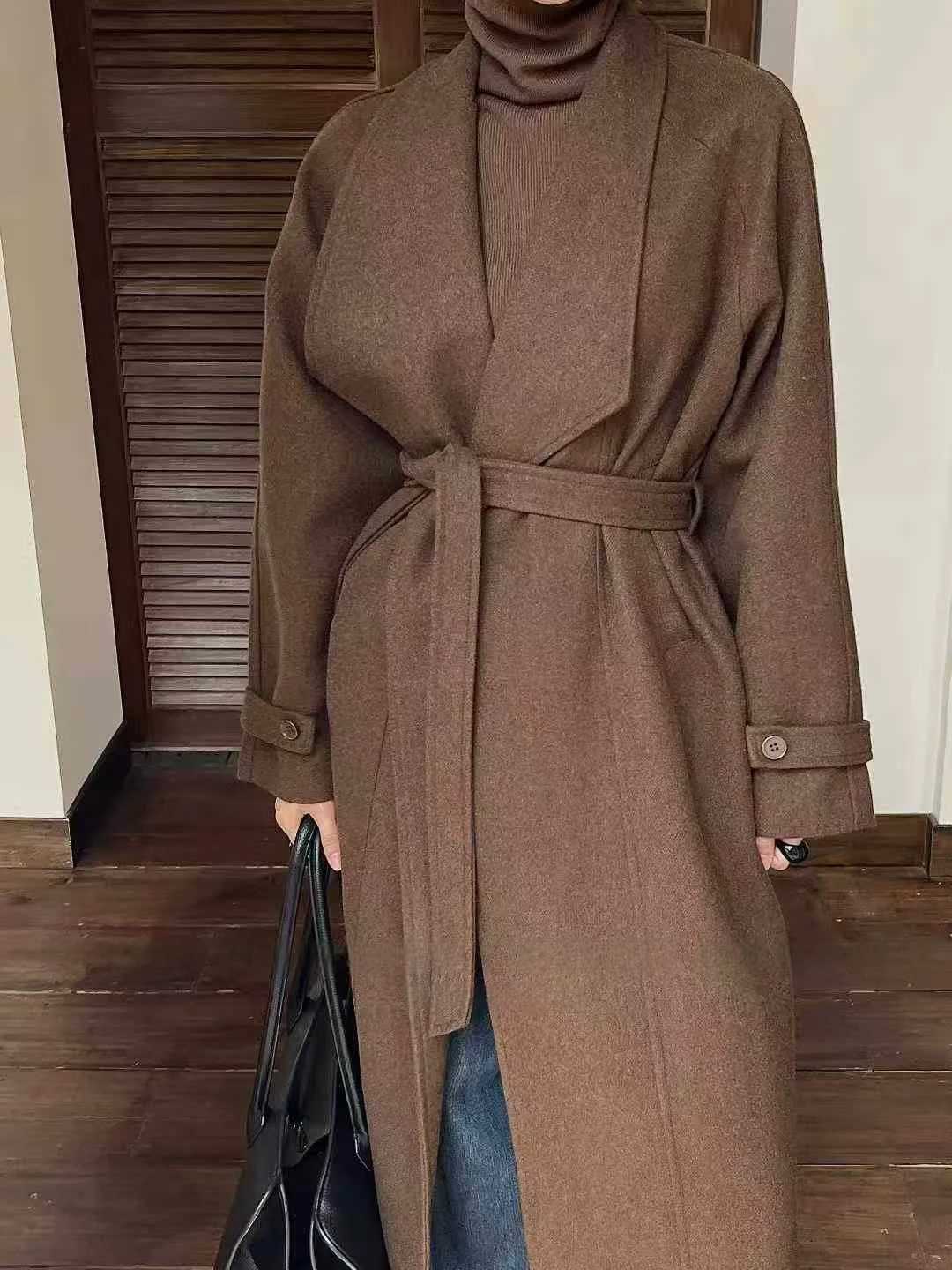 BJTZ Solid Color Big Lapel Designer Long Woolen Jacket For Woman 2025 Autumn Winter New Trend Belted Tie-waist Wool CoatT251224