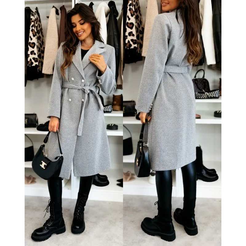 Womens Woolen Coat Autumn Winter Vintage Elegant Double Breasted Trench Coat Women Brown Long Sleeved Midi Windbreaker JacketT251224