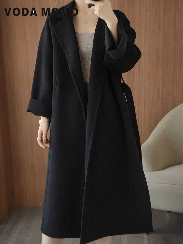 Long Overcoat Fall Outfits Women Spring Autumn Solid Lapel Loose Woolen Coat Lace-up Fashionable Wool Jackets Versatile KoreanT251224