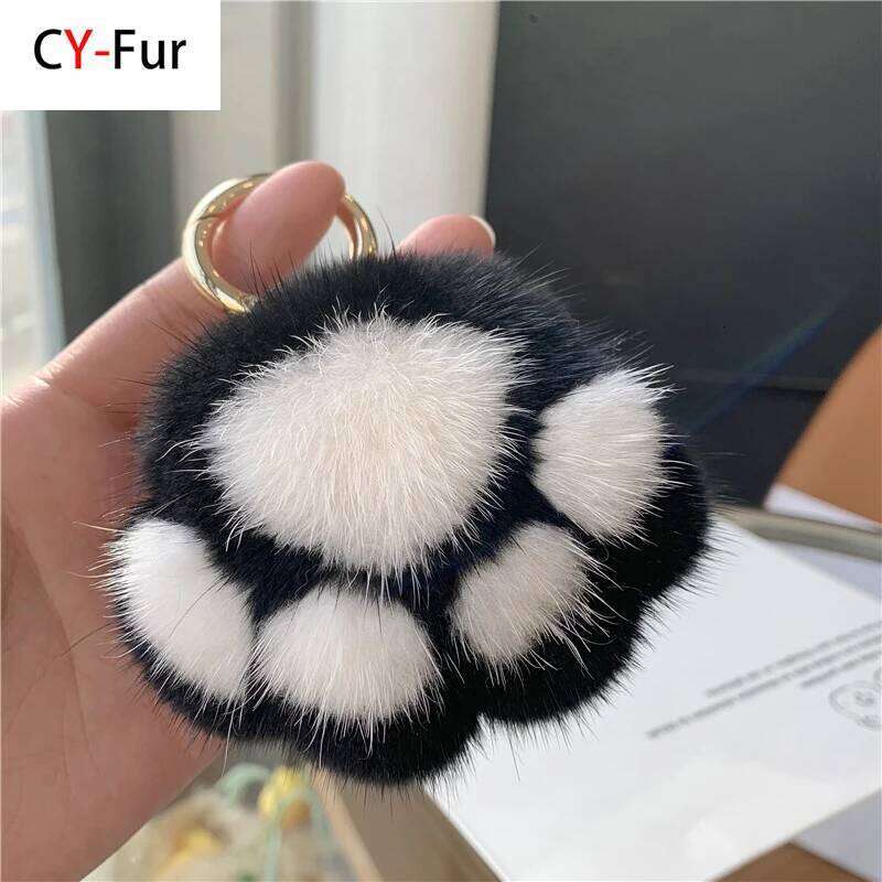 Pendant Keyrings Gift Plush Cute Cat Claw Real Mink Fur Keychain Women Bag Ornaments Small Paw Toy Soft Pom Ball Car Key X251224