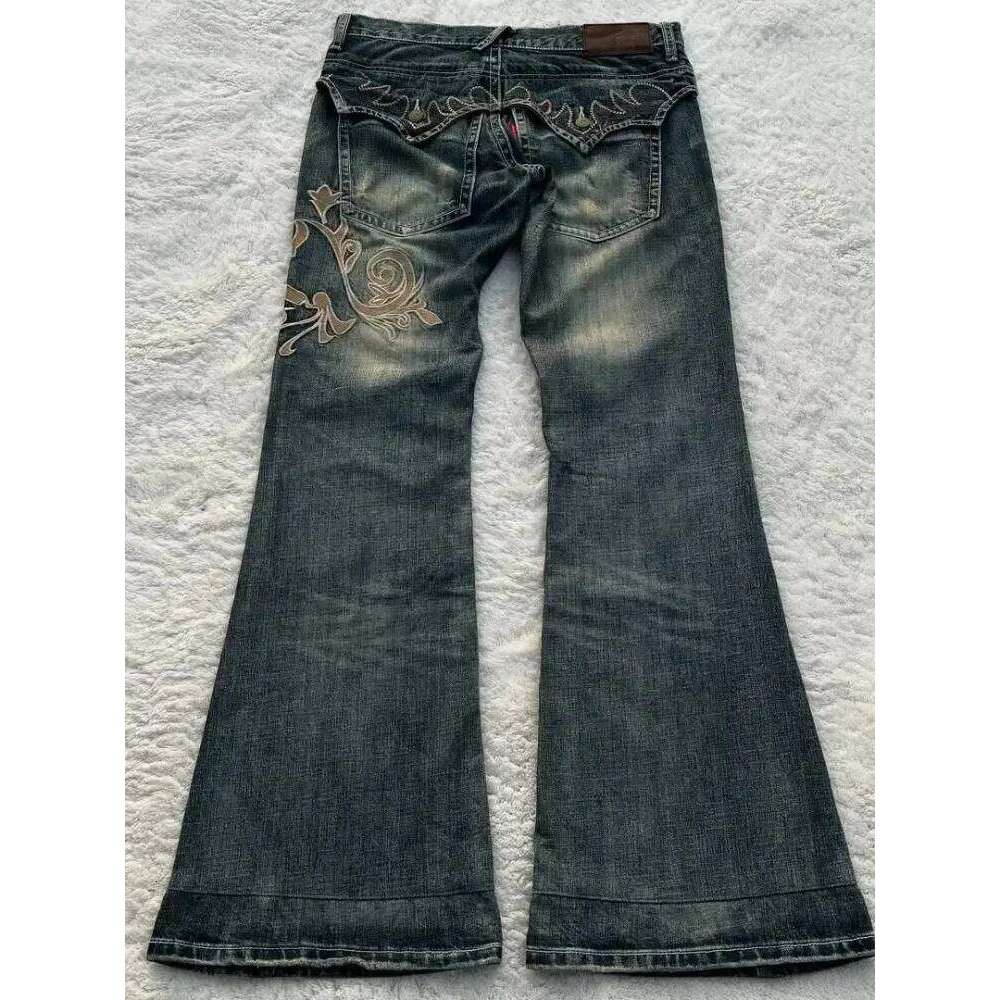 HOUZHOU Vintage Embroidery Patchwork Women Flared Jeans Y2k Harajuku Wide Leg American Style Denim Pants Baggy Punk Streetwear X251224