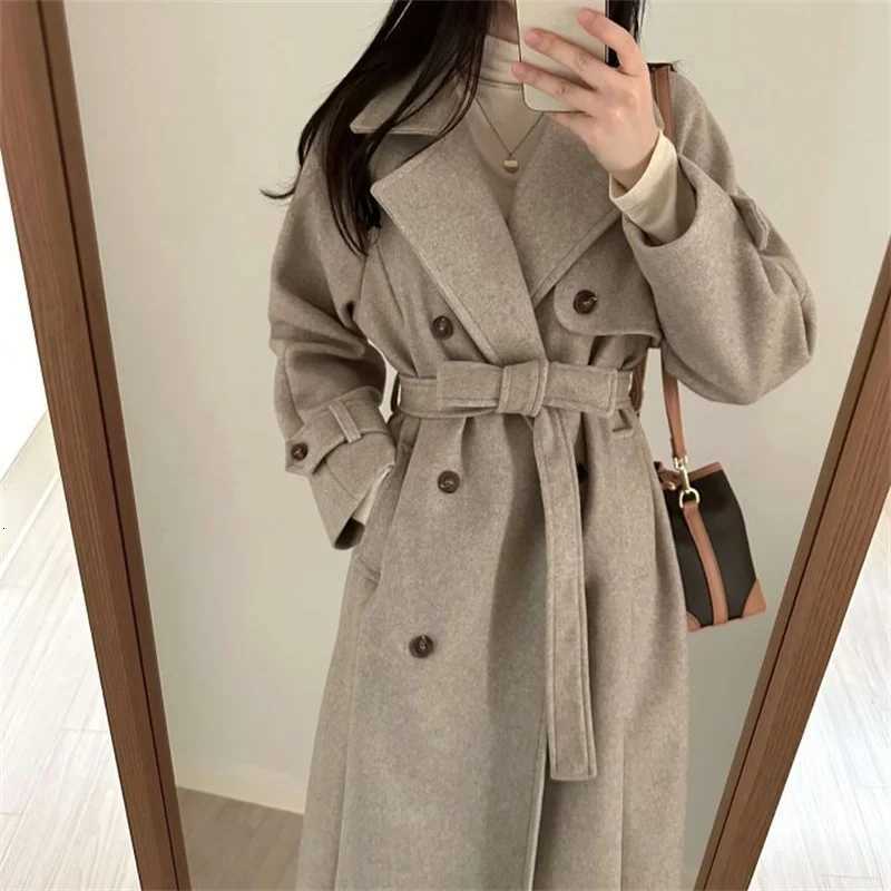 2025 Winter New Product Womens Fashion and Casual Lace-Up Versatile Flip Collar Double Breasted Button Long Woolen CoatT251224