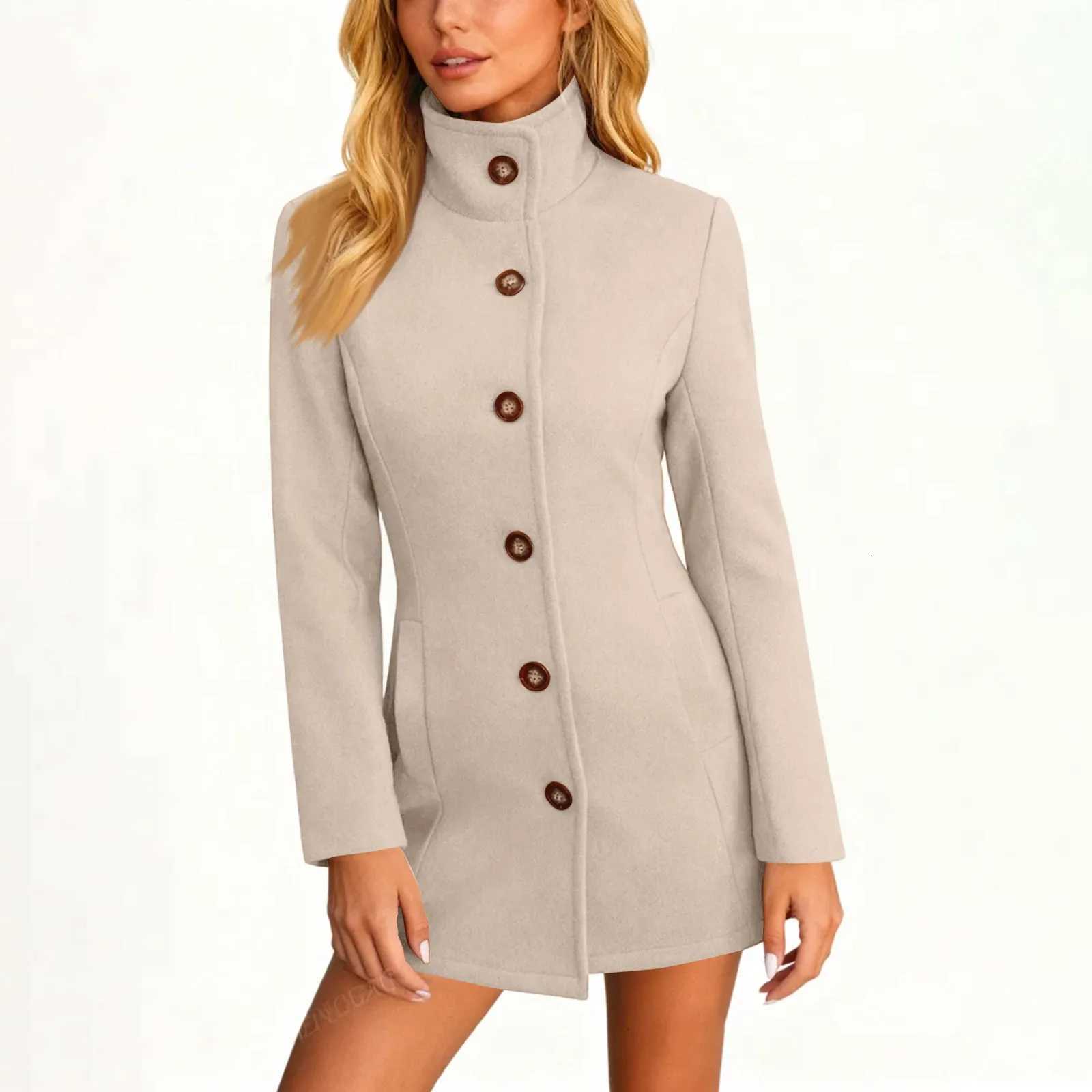 Stand Collar Woolen Top Solid Color Single Breasted High Neck Coat Ladies Fashionable Casual Jacket Winter Outdoor Warm CoatT251224