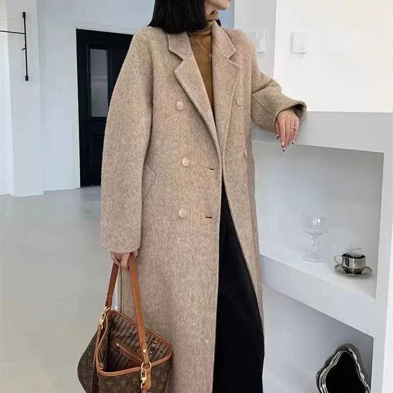 2025 New Fashion Winter Coat Vintage Wool for Women Office Lady Covered Buttons Turn Down Collar Solid Long T310T251224