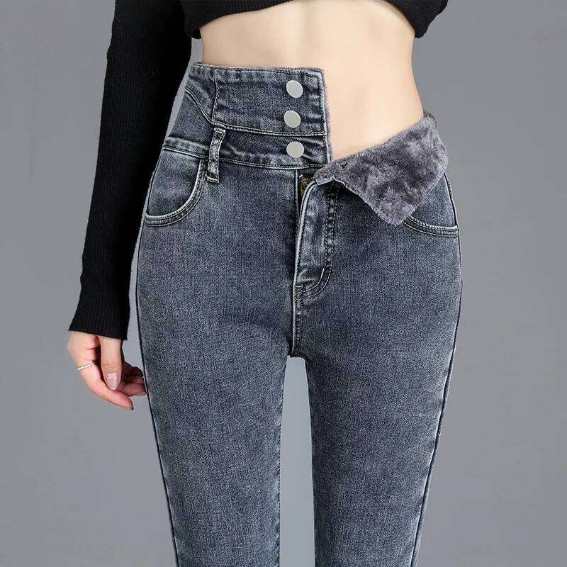Thermal Winter Fleece High-waist Warm Skinny Thick Women Stretch Button Pencil Pants Mom Casual Velvet Jeans X251224