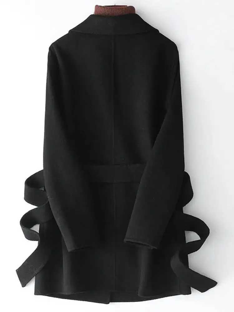 UCXQ Elegant Solid Color Wool Coat For Women Patchwork Lapel Pocket Lace Up Short Outerwear 2025 Winter New Tide 23Z3495T251224