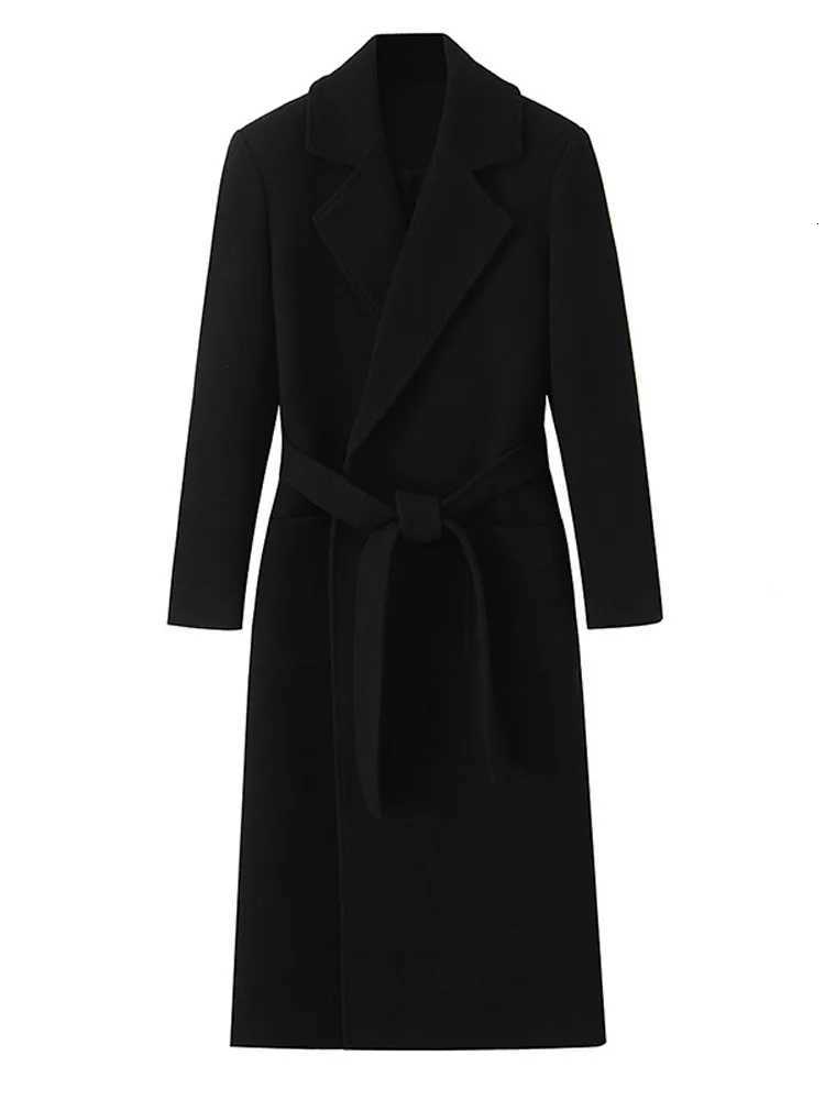 2025 Autumn Winter Womens Lapel Long Coat with Belt Elegant Lace Up Pockets Female Solid Jackets Fashion Lady Outerwear StreetT251224