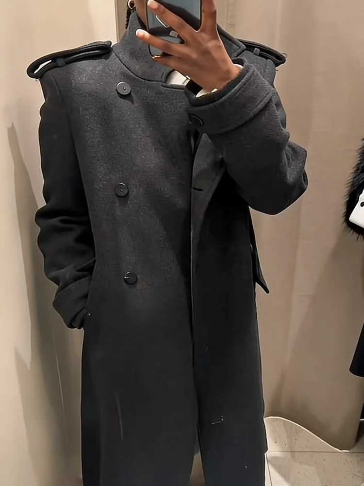 Casual Long Woolen Women Coat Fashion Stand Collar Full Sleeve Double Breasted Female Outwear 2026 Spring Autumn Lady StreetwearT251224