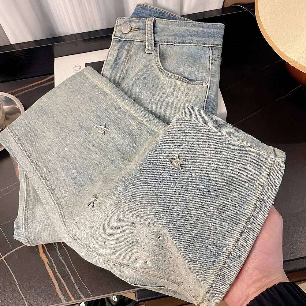 Heavy-Duty Star Rhinestone Shiny Light Blue Jeans Women's Summer High Waist Slim Stretch Flared Pants X251224