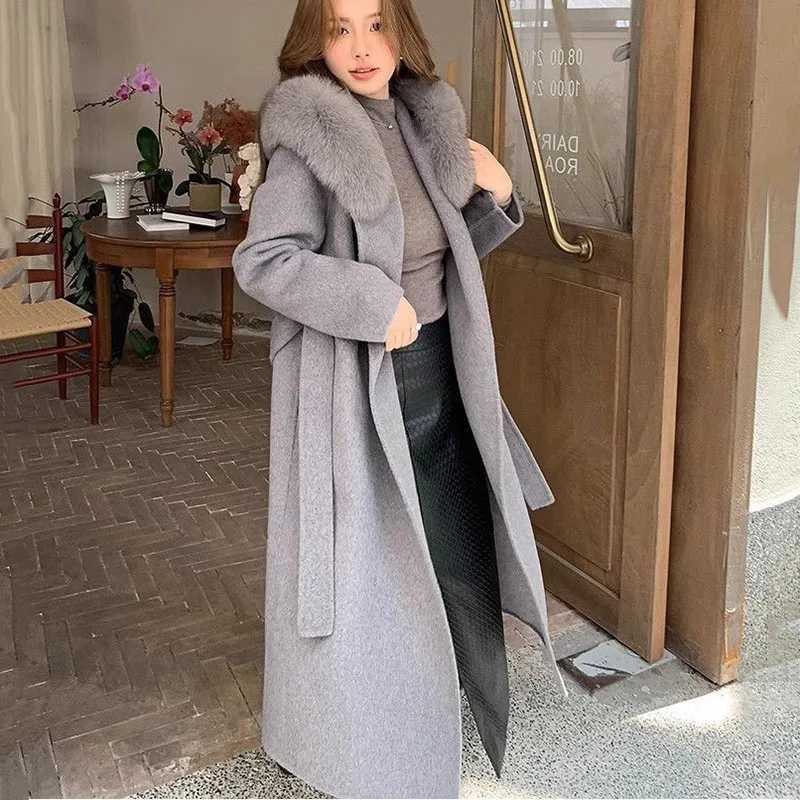 Overcoat 2025 New Fashion Womens Woolen Coat Winter Temperament Large Fur Collar Solid Color Womens Woolen Coat H87T251224