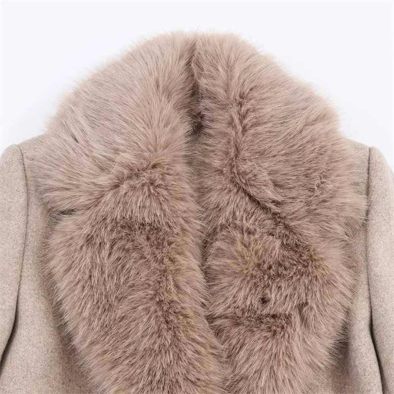 Womens Coat 2025 Autumn New Arrivals Khaki Long-Sleeve Belted Faux Fur Collar Coat Casual FashionT251224
