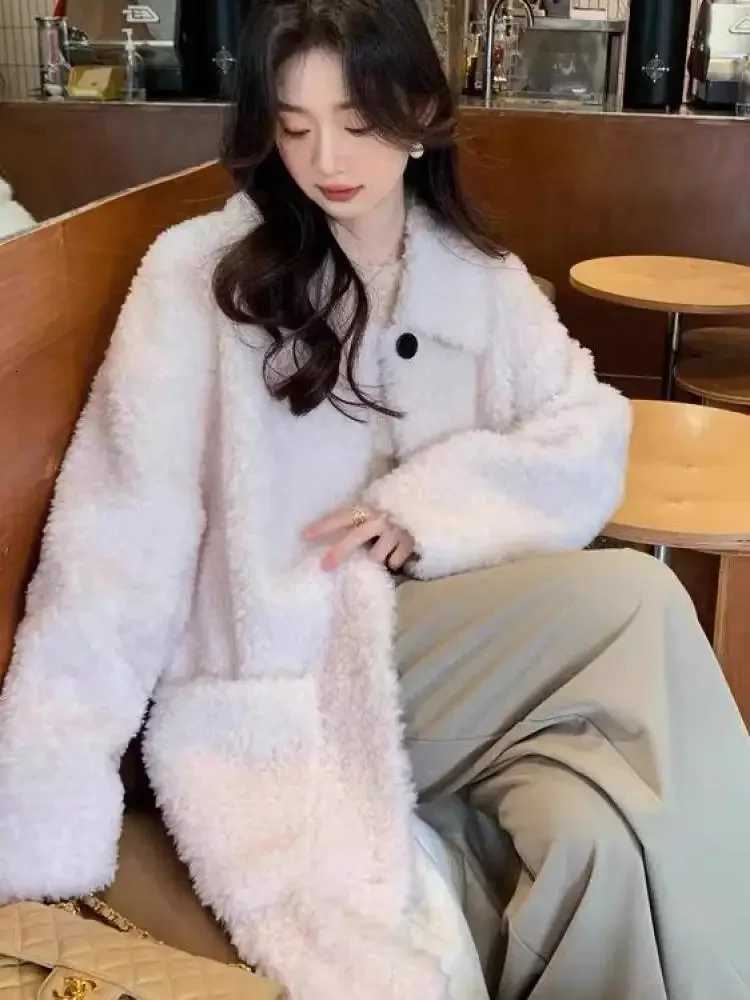 Lamb Velvet Jacket Womens 2024 Autumn And Winter Retro Mid Long Casual Turn-down Collar Wool Coat Single Breasted Woolen CoatsT251224