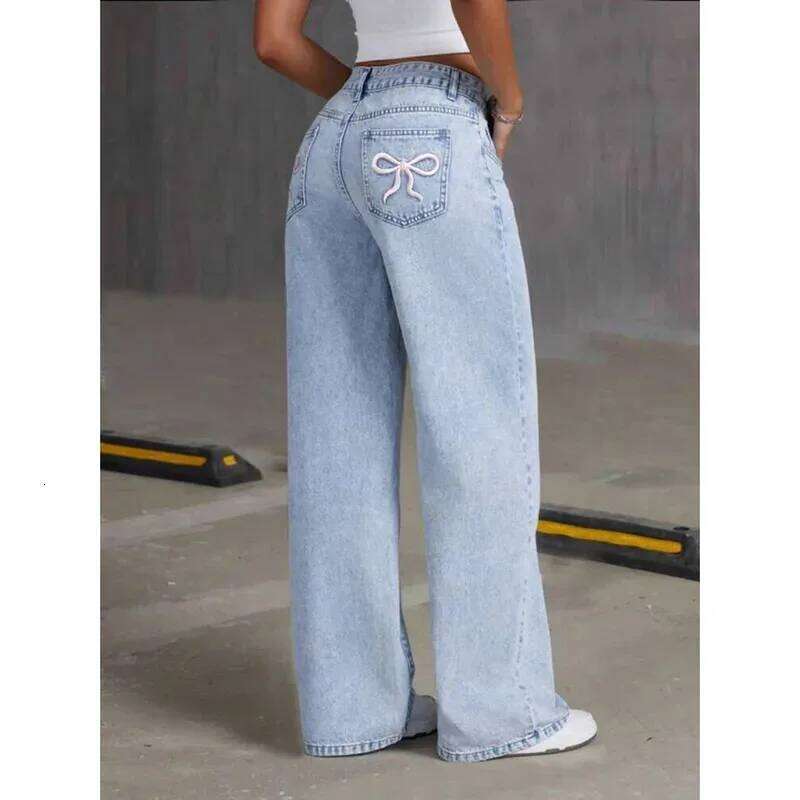 Women Jeans Embroidery High Waist Distressed Washed Pockets Vintage Floor Length Trousers 2025 Denim Wide Leg Pants Streetwear X251224