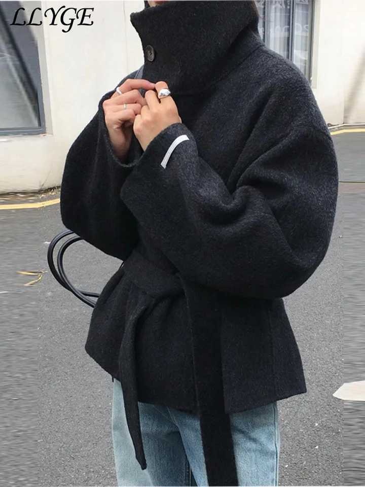 Street Womens Belt Stand Collar Woolen Coats Chic Single Breasted Full Sleeve Jacket 2025 Autumn Winter Lady Commute OutwearT251224