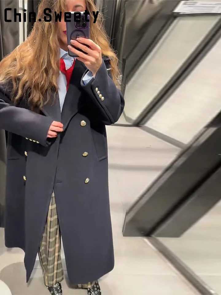 Fashion Lapel Dark Blue Long Woolen Blend Coat Women Double Breast Long Sleeve Chic Overcoat 2026 Spring Lady Outwears NewT251224