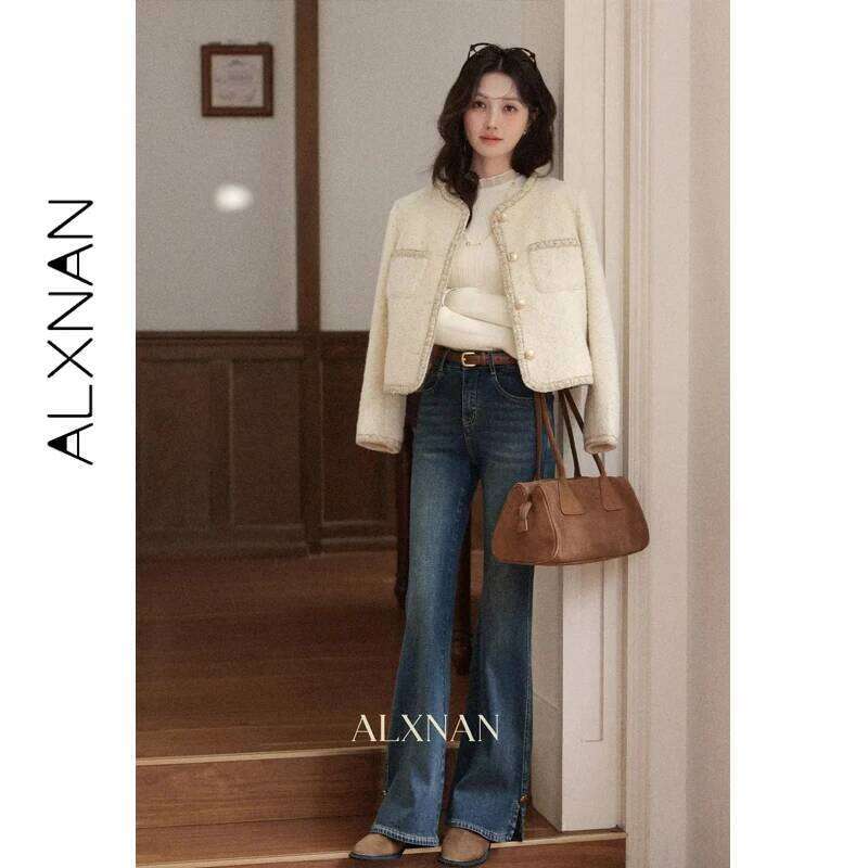 ALXNAN Vintage Blue Jeans Women's Flared Straight Cotton Denim 2025 Fall Office Lady Elegant Slim-fit Female Pants L57873 X251224