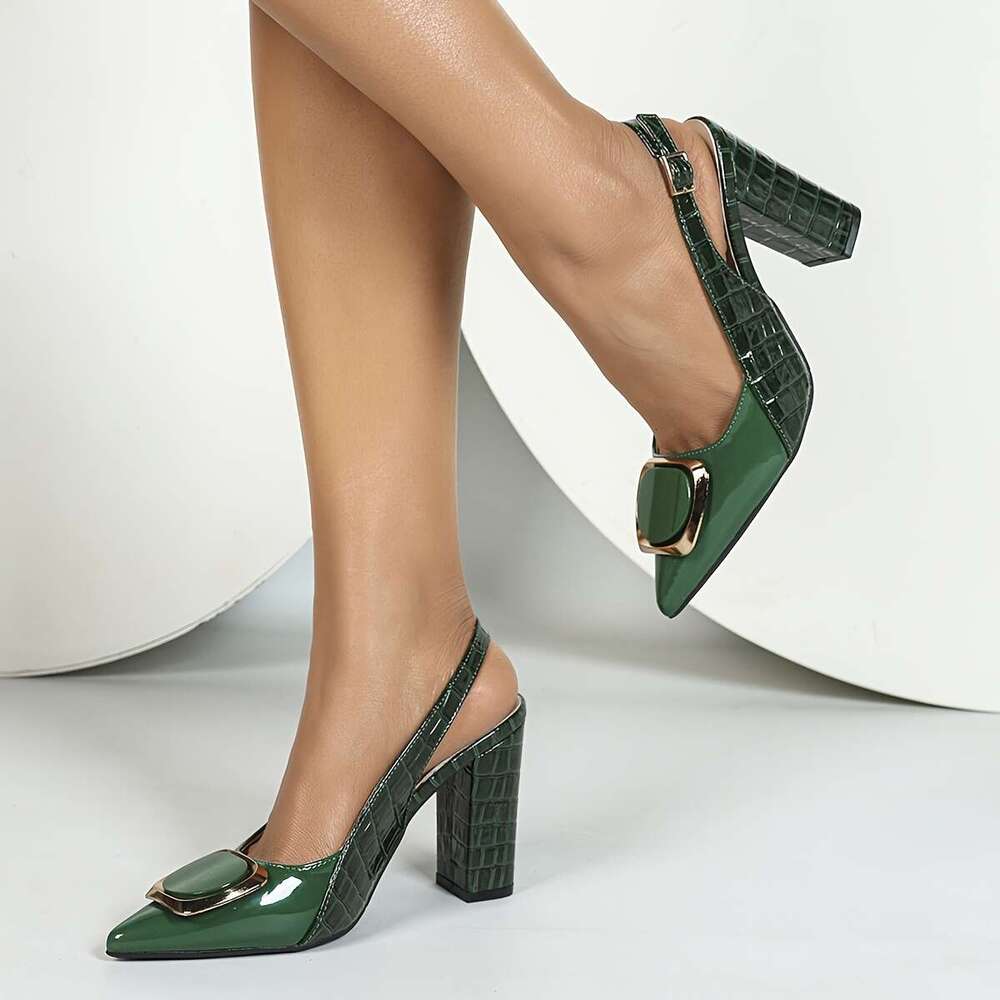 Elegant Women S Block Heel With Golden Accents Pointed Toe Ankle Strap Perfect For Parties And Formal Events Party Crocodile Pattern Shoes Decorative 