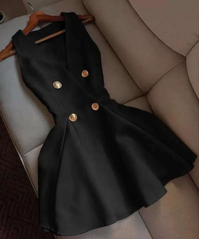 Designer Casual Dresses Women Elegant Sexy Deep V-neck Luxury Slim Dress Black White Button Mini Short Satin Evening Summer Pleated Skirt